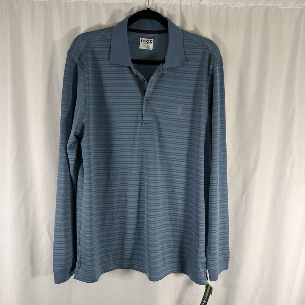 New Izod Golf Polo Men's Medium Blue Striped Long Sleeve Collared Knit